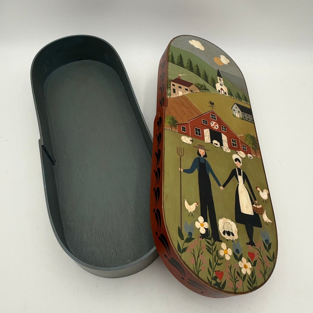 Primitive Folk Art Hand Painted Wooden Shaker Box Farm Scene Americana Decor
